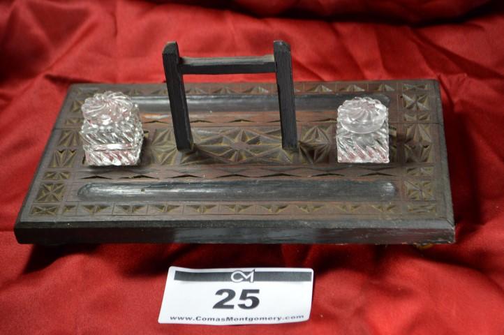 Antique Inkwell: Wooden base 12x7