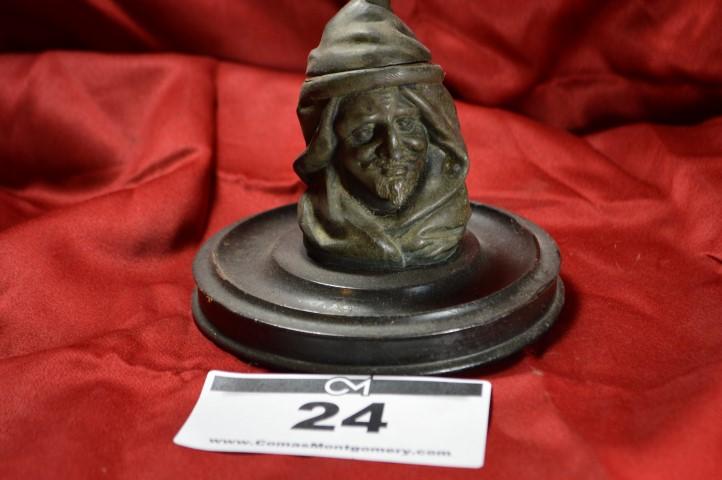 Antique Inkwell: Cast w/wooden base 4.5H
