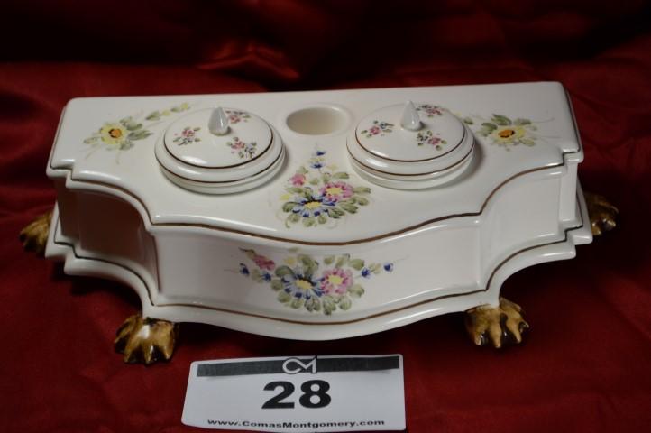 Antique Inkwell: Hand painted 4x12x5