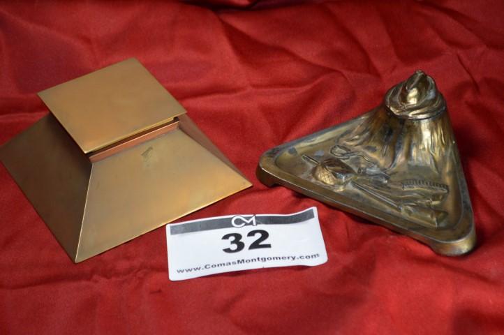 Antique Inkwell: Pair, 1 bronze, 1 cast