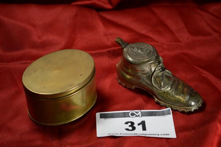 Antique Inkwell: Pair, 1 brass, 1 cast 2.5H