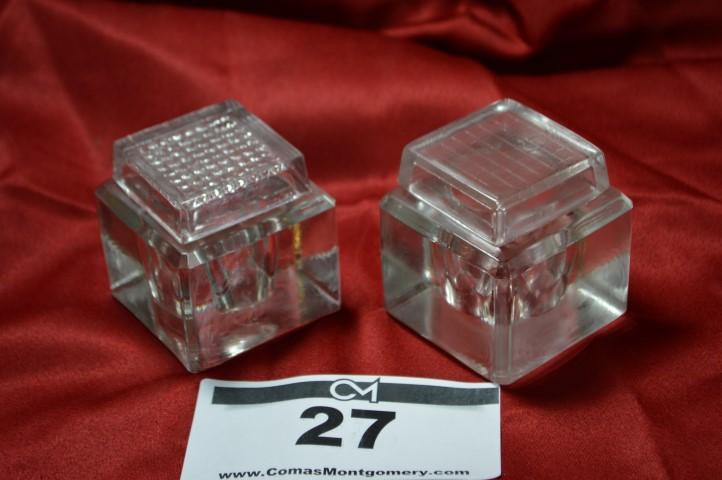Antique Inkwell: Pair, glass cube 2.5x2.5