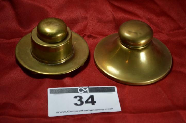 Antique Inkwell: Pair, brass, 1 footed, 2.5H