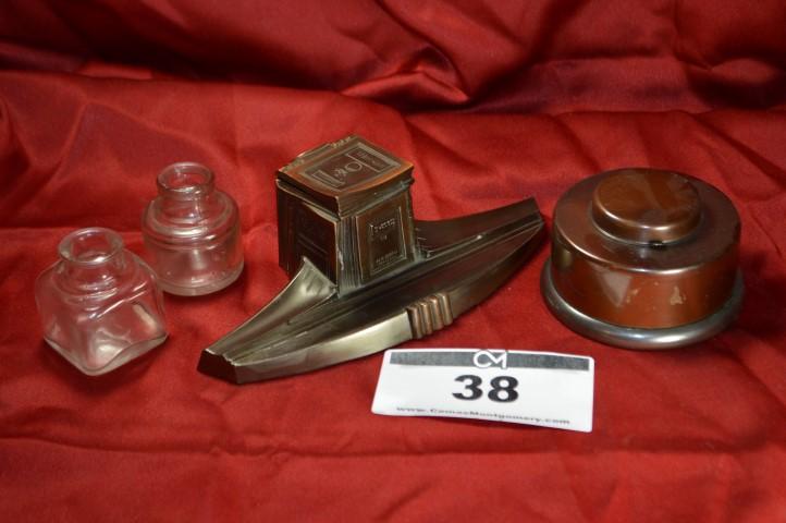 Antique Inkwell: Pair w/bottles