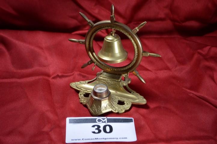 Antique Inkwell: Brass w/compass and bell, 6H