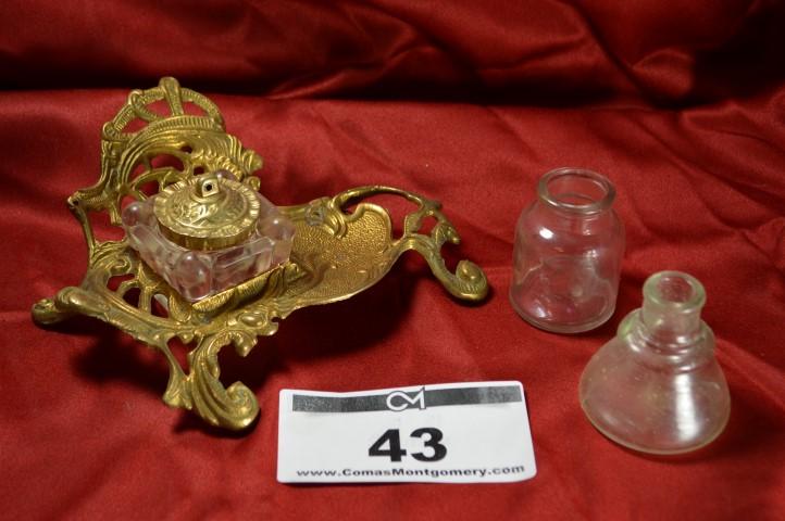 Antique Inkwell: Cast w/pair of bottles