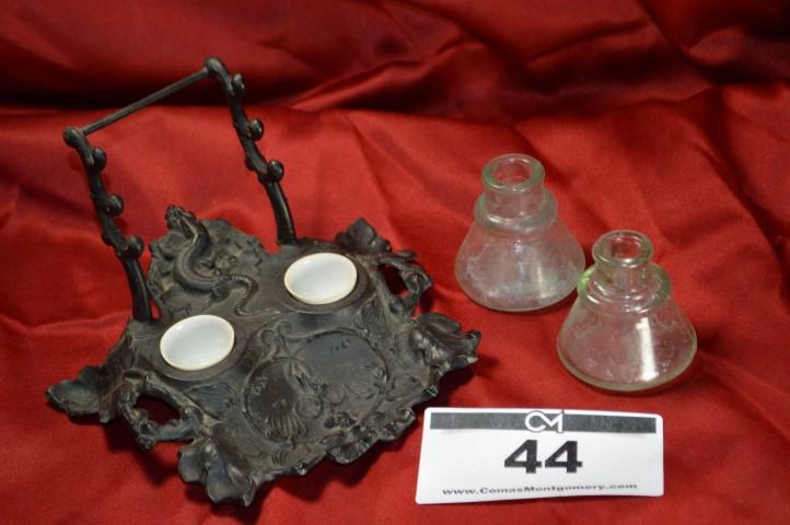 Antique Inkwell: Cast w/pair of bottles
