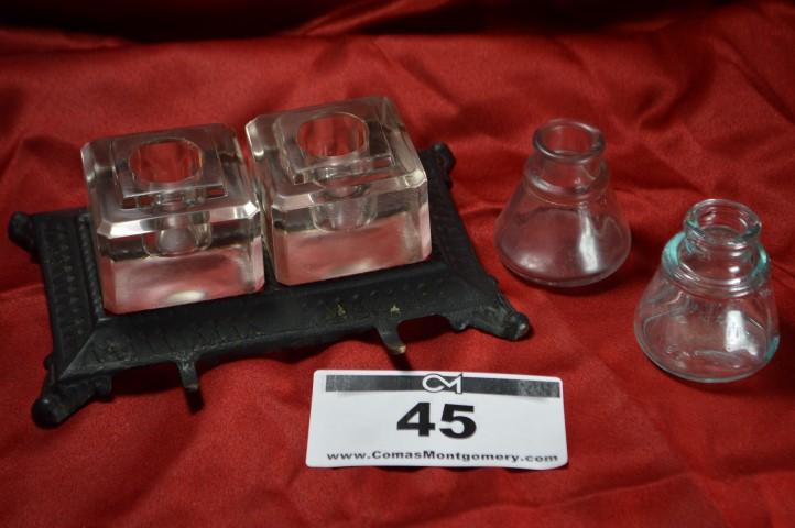 Antique Inkwell: Cast w/pair of bottles