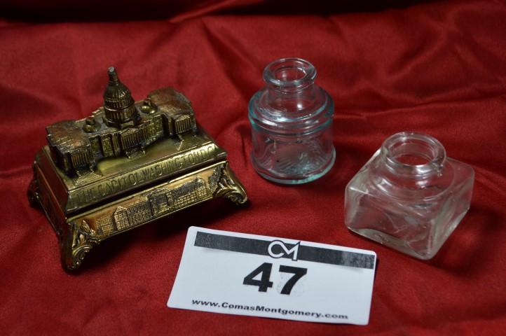 Antique Inkwell: Cast w/pair of bottles