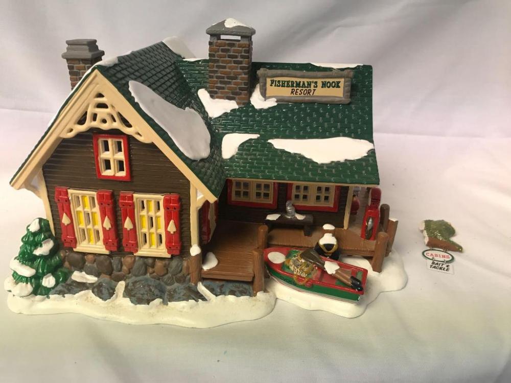 Department 56 "Fisherman's Nook Resort"; fish sign on side is broken-can be easily glued back;