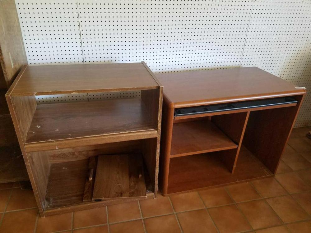 2 computer desks, podium, and bookshelf without shelves