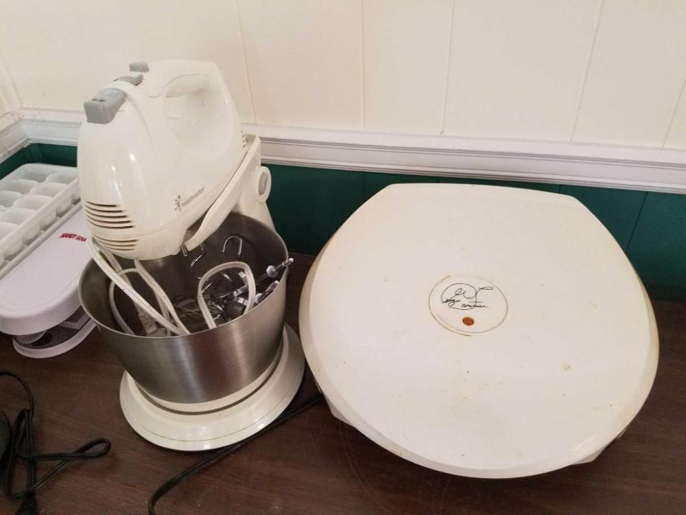 George Foreman grill, Toastmaster mixer, ice trays, baby crock pot, lazy susan