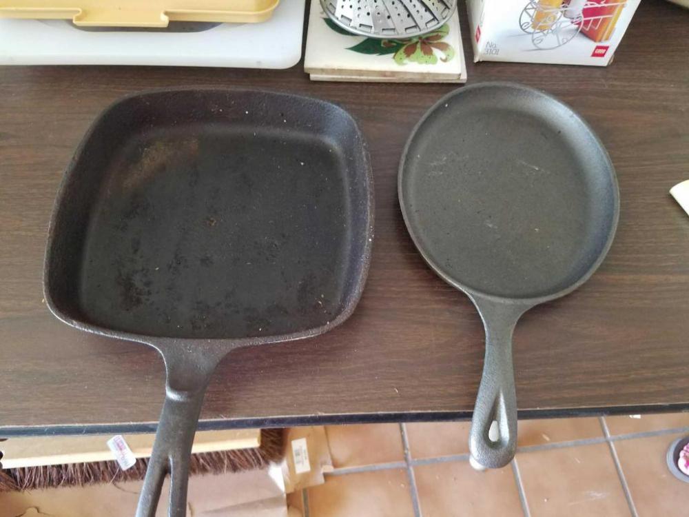 1 cast iron skillet, Tupperware vegetable tray and misc. kitchen items