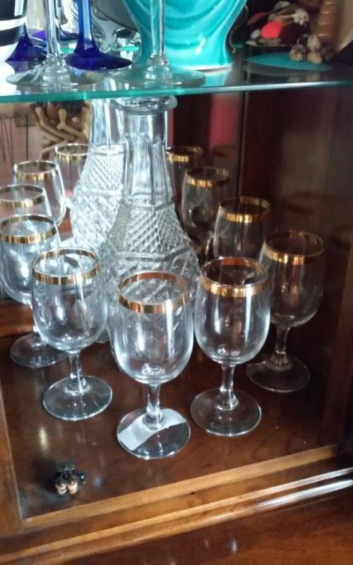 Cut glass decanter & 6 gold rimmed goblets
