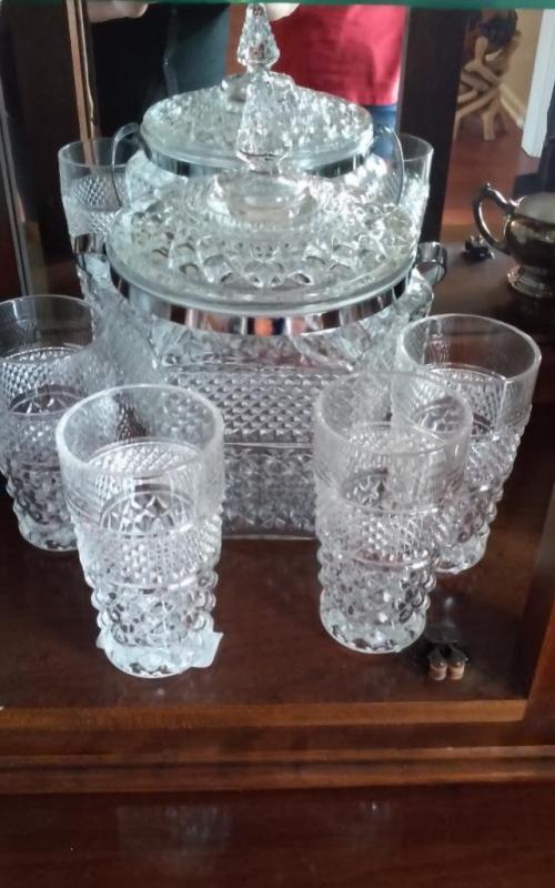 Cut Glass Ice Bucket & 4 Glasses