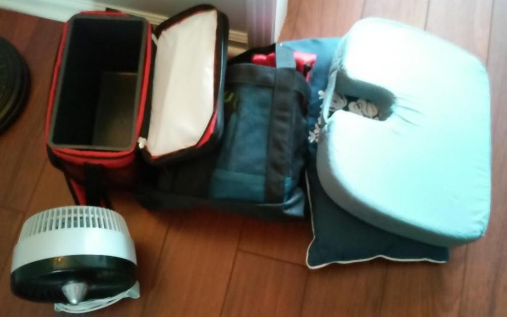 Desk fan, 2 cushions & cooler bags