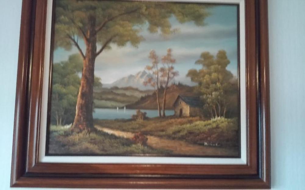 Painting Signed Michael, Serenity Prayer Plaque & artificial flowers