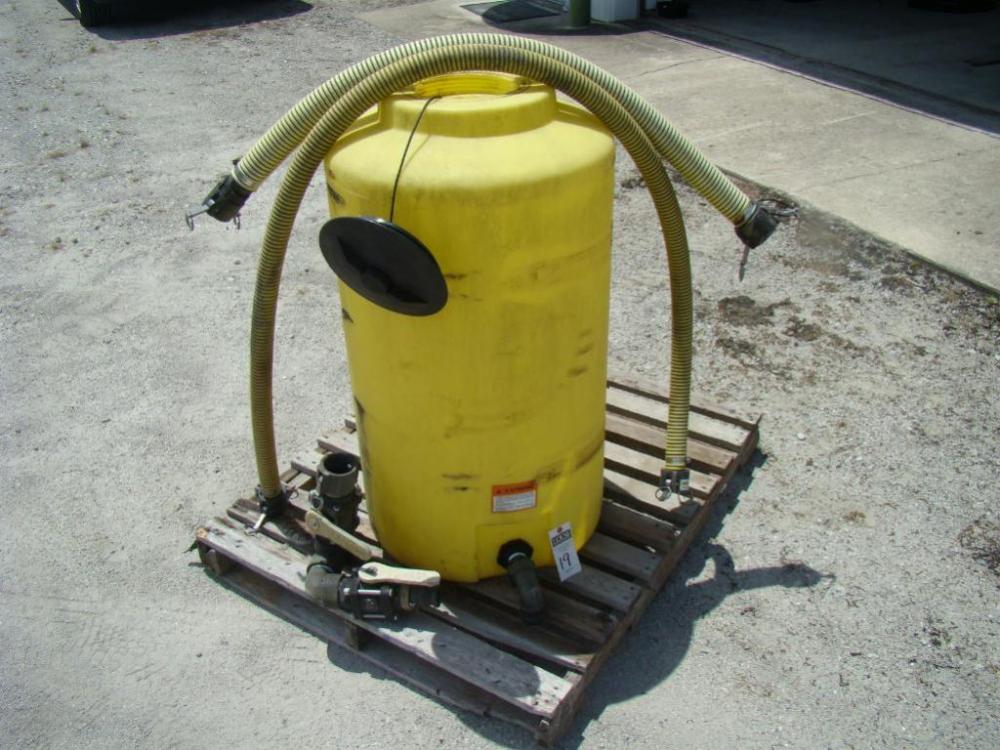 55 Gal. yellow Poly Tank with 2 hoses with quick connect ends and 2 cut-off valves