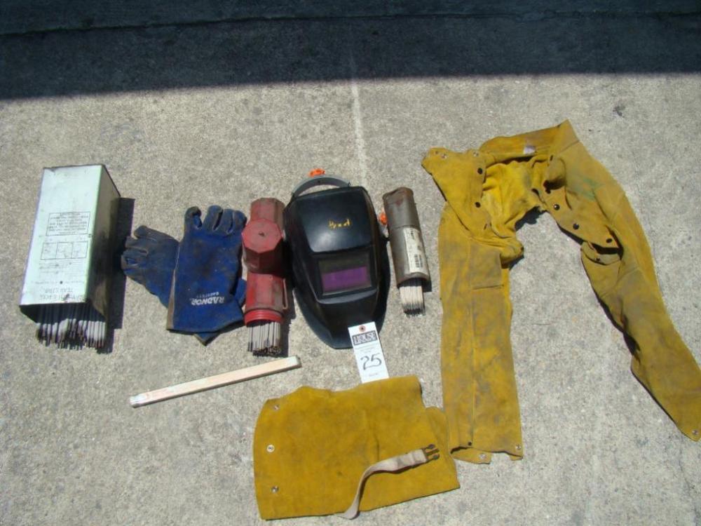 HOBART Welding Helmet, extra glass, welding protective gloves and gear and assorted welding rods.