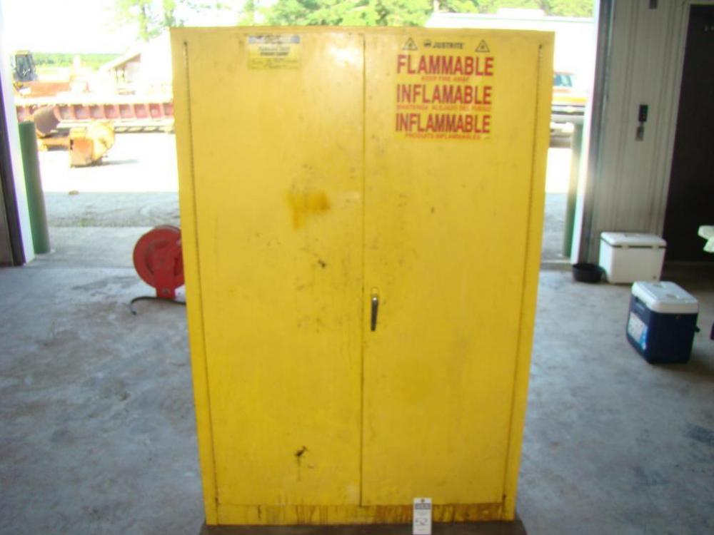 JUSTRITE Flammable Liquid Metal Storage Cabinet, 18" x 43" x 65-5/8", w/ miscellaneous contents