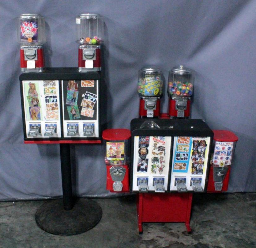 6-Way Vending Combo Unit- 2 Sticker/Tattoo Flat Machines & 4 Gumball/Capsule Machines, & T Stand w/ 2 Tattoo/Sticker Machines & 2 Gumball , See Info