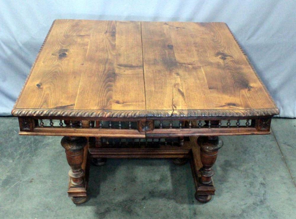 Antique French Renaissance Style Spindle Dining Table with Carved Floral Details, 47"L x 45"W x 29"H, Some Cracks, See Photos