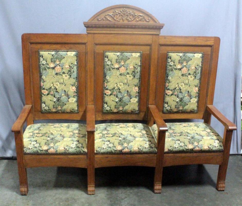 DeMoulin Bros Masonic Freemasons High Back Triple Chair Settee with Upholstered Seats and Backs, Trifid Feet, 72"W x 62"H x 24"D