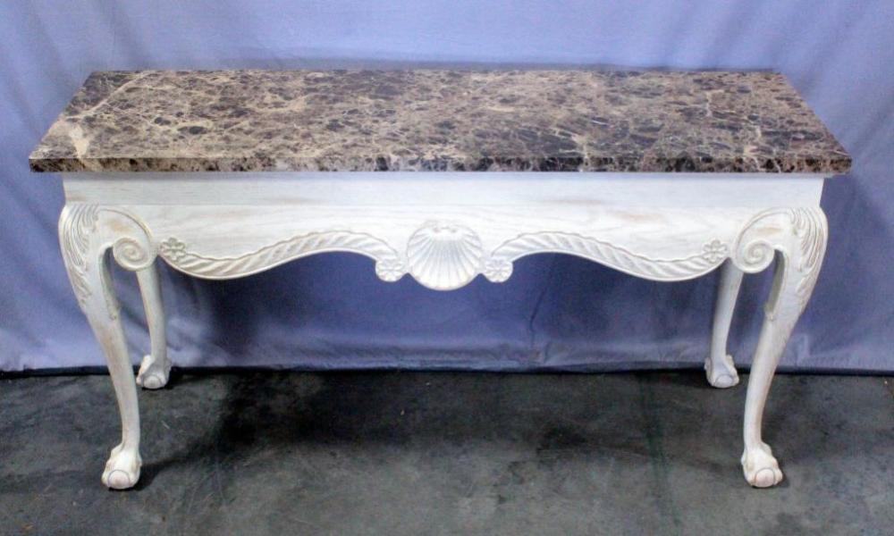 Chippendale Style Entry Console Table with Carved Shell Design, Distressed Wood Finish, Ball and Claw Feet, and Italian Stone Top, 59"W x 32"H x 19"D