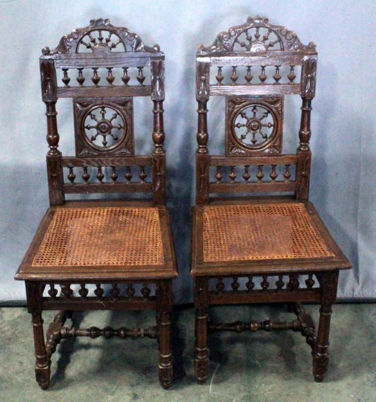 Antique French Renaissance Style Dining Chairs with Ornate Spindle Accents, Carved Details, and Woven Cane Seats, Qty 2, 18"W x 41"H