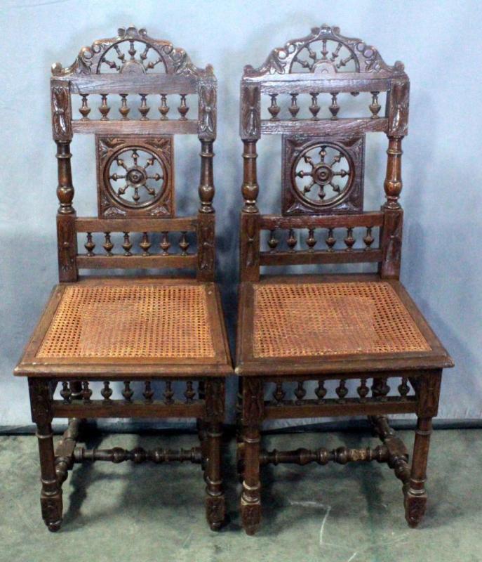 Antique French Renaissance Style Dining Chairs with Ornate Spindle Accents, Carved Details, and Woven Cane Seats, Qty 2, 18"W x 41"H, See Info