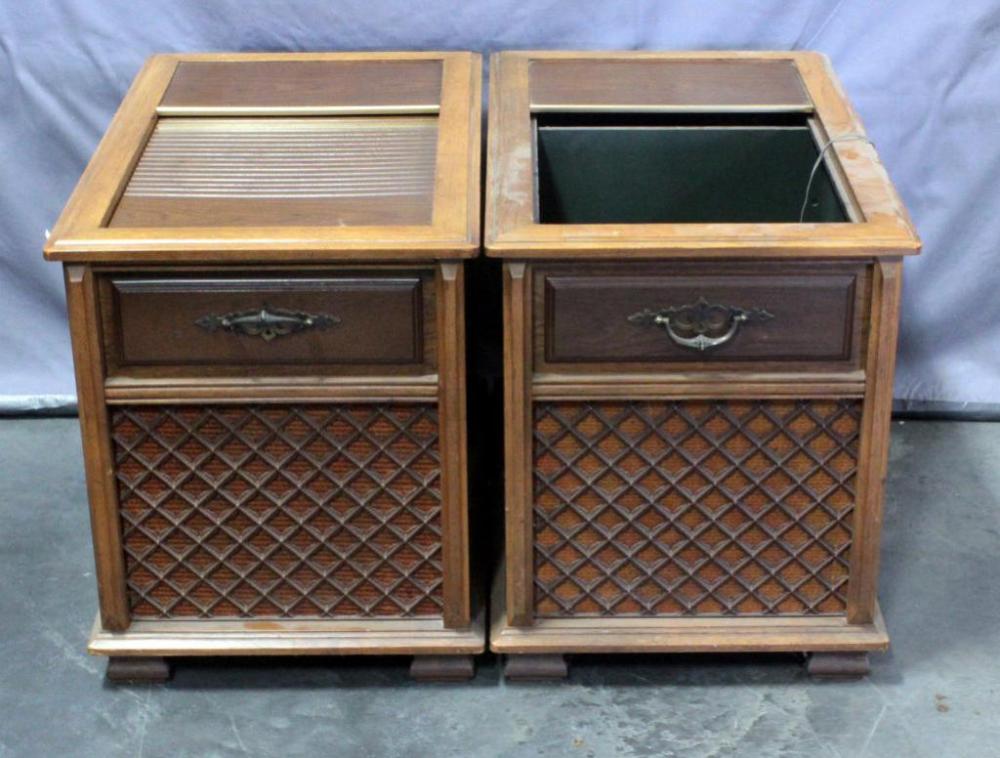 Magnavox Solid State Radio And Turntable End Tables, One With Record Storage, One Tambor Door Missing, Qty 2, 19"W x 23"H x 30.5"D