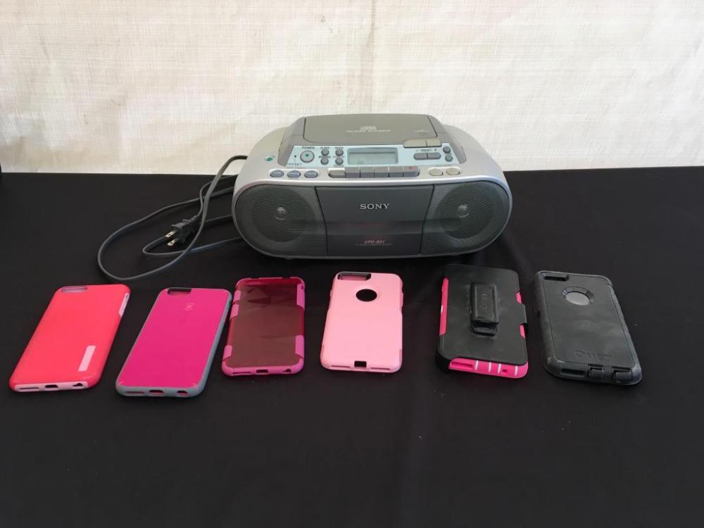 Sony CD Player/Radio and Lot of Phone Covers